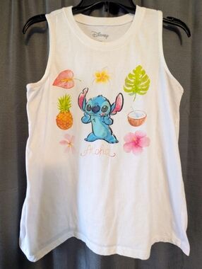 Disney Womens White Tank Top with Stitch and Tropical Prints Sz. L